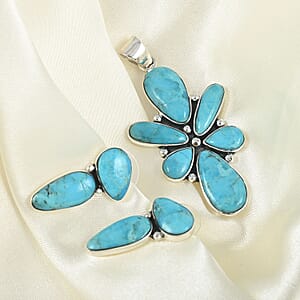 Santa Fe Style Kingman Turquoise Abstract Earrings and Pendant in Sterling Silver 22.50 ctw