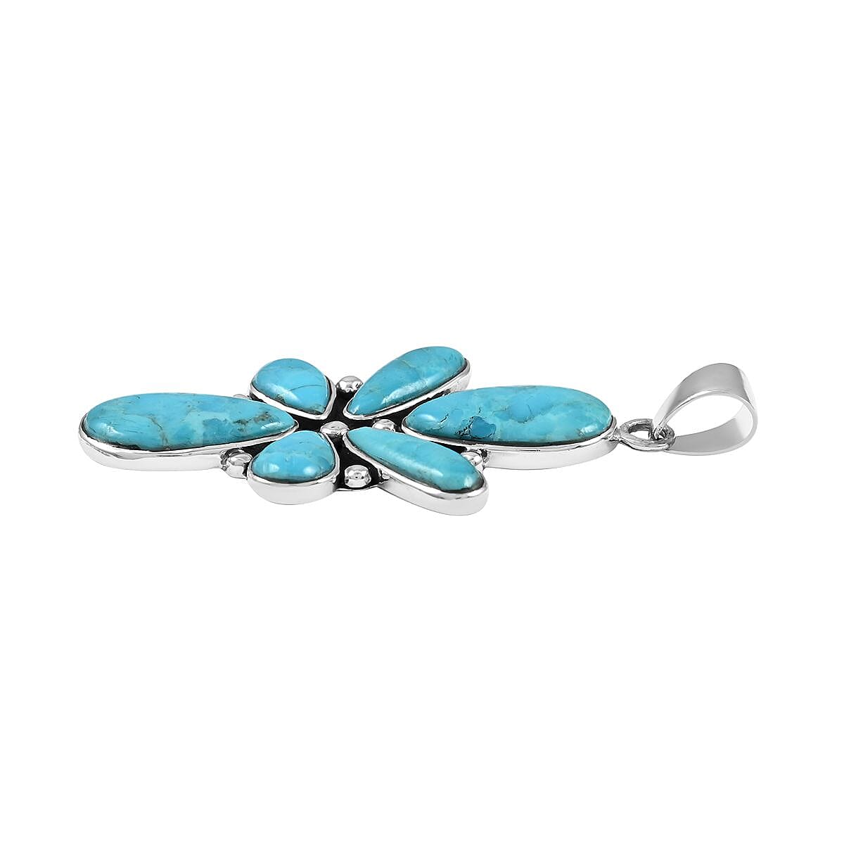 Santa Fe Style Kingman Turquoise Abstract Earrings and Pendant in Sterling Silver 22.50 ctw image number 3