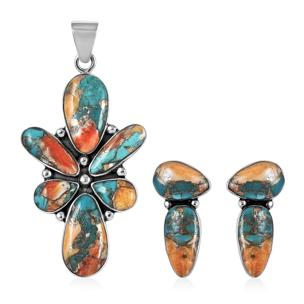 Santa Fe Style Spiny Turquoise Abstract Earrings and Pendant in Sterling Silver 11.25 ctw image number 0