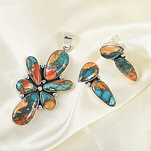 Santa Fe Style Spiny Turquoise Abstract Earrings and Pendant in Sterling Silver 11.25 ctw