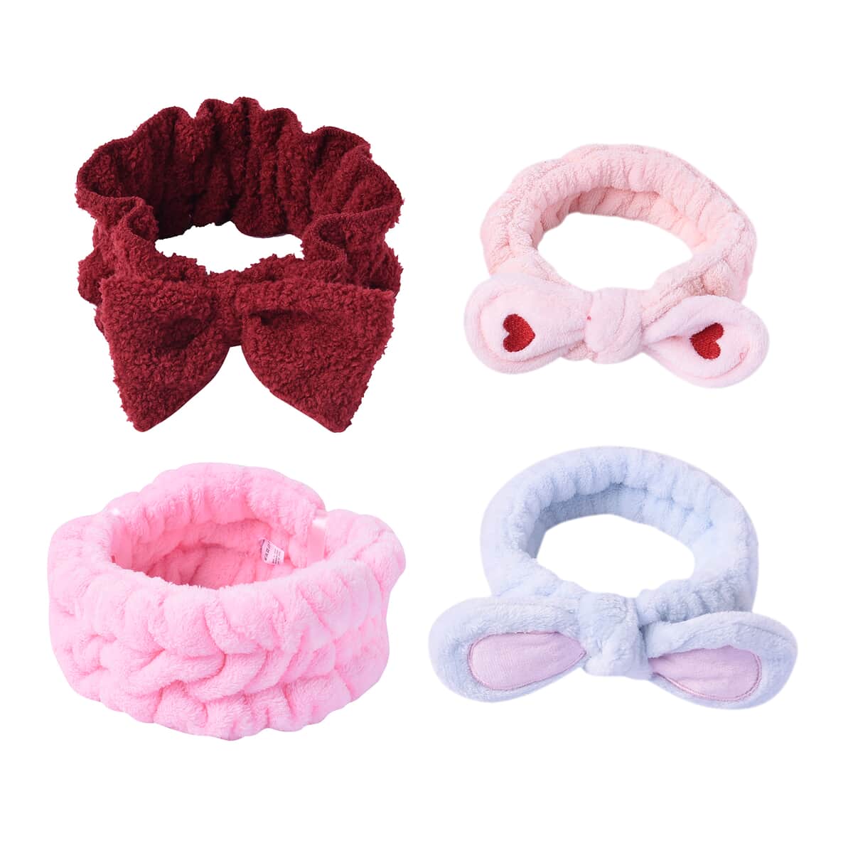 Set of 4 100% Polyester Spa Headbands in White, Pink, Red, & Blue image number 0