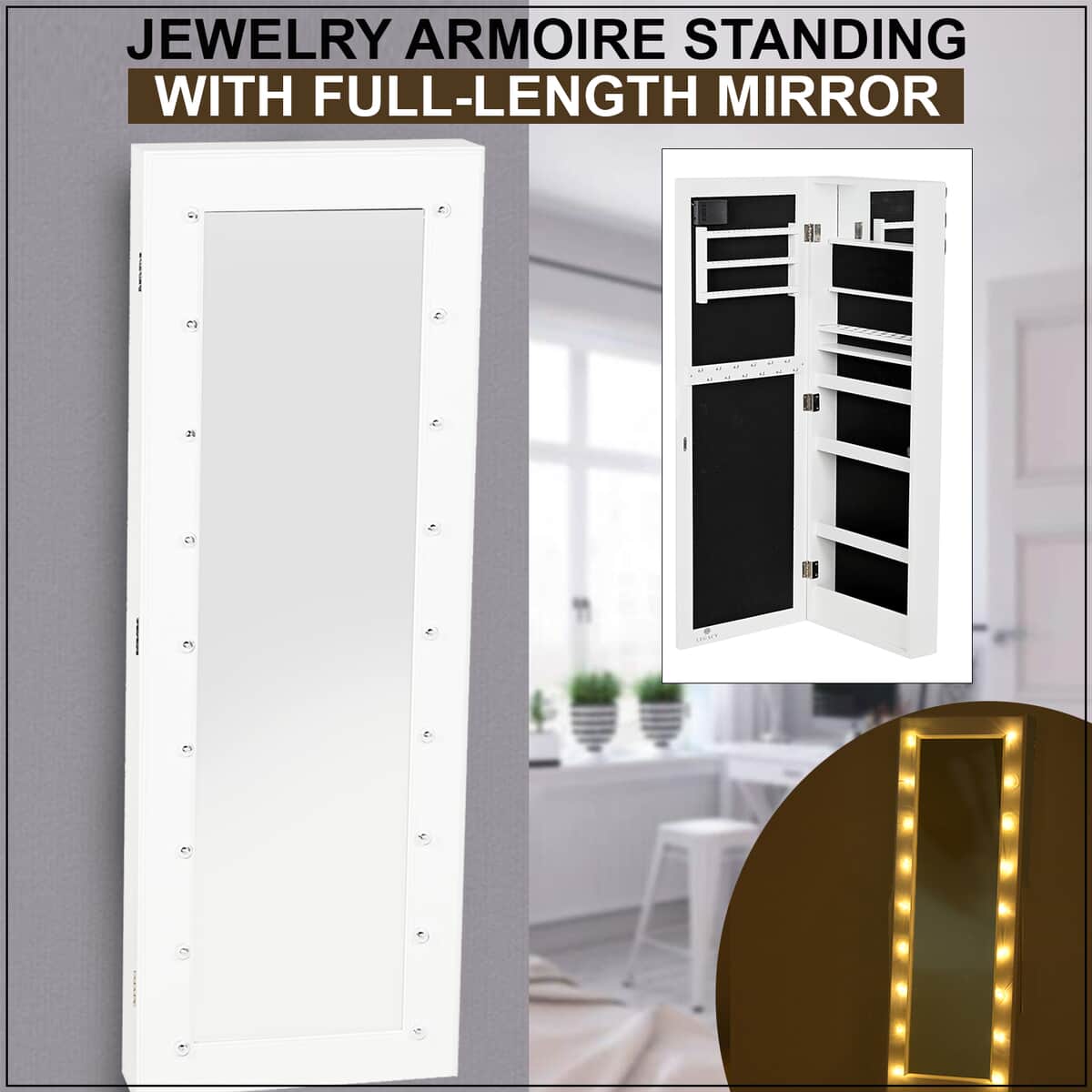 Multi Purpose Full Length Wall & Door Mounted Jewelry Armoire with Black Velvet Lining Mirror and 18 LED Lights (3xAA Battery Not Included) image number 1