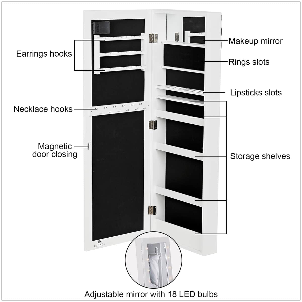 Multi Purpose Full Length Wall & Door Mounted Jewelry Armoire with Black Velvet Lining Mirror and 18 LED Lights (3xAA Battery Not Included) image number 2