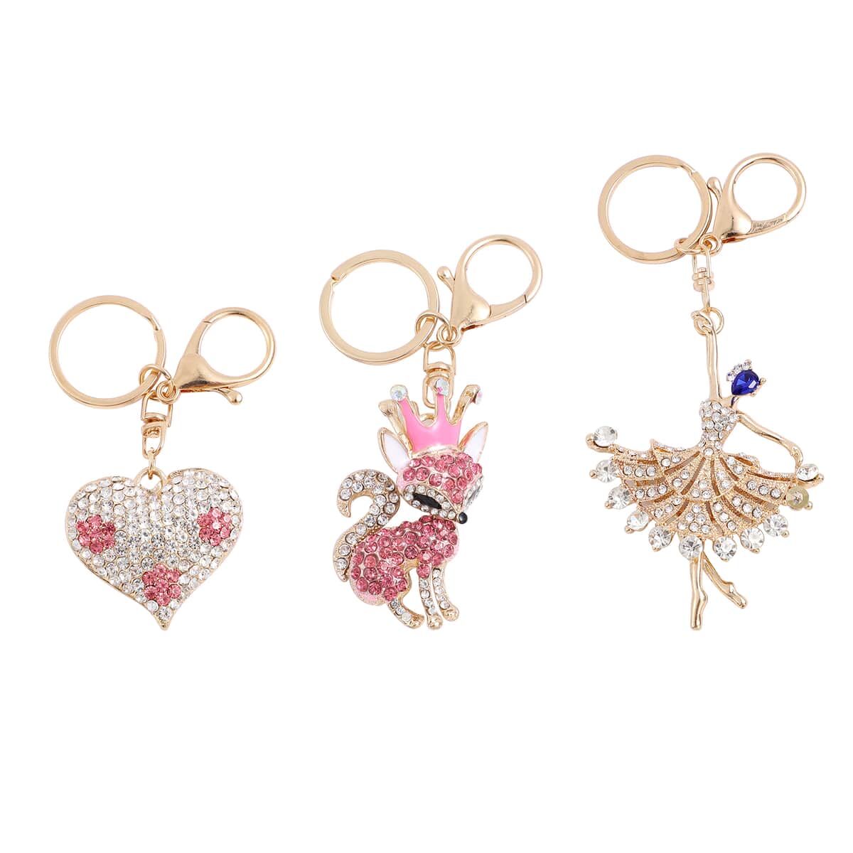 Set of 3 Multi Color Austrian Crystal, Enameled Dancing Diva, Heart and Fox Keychain in Goldtone image number 0