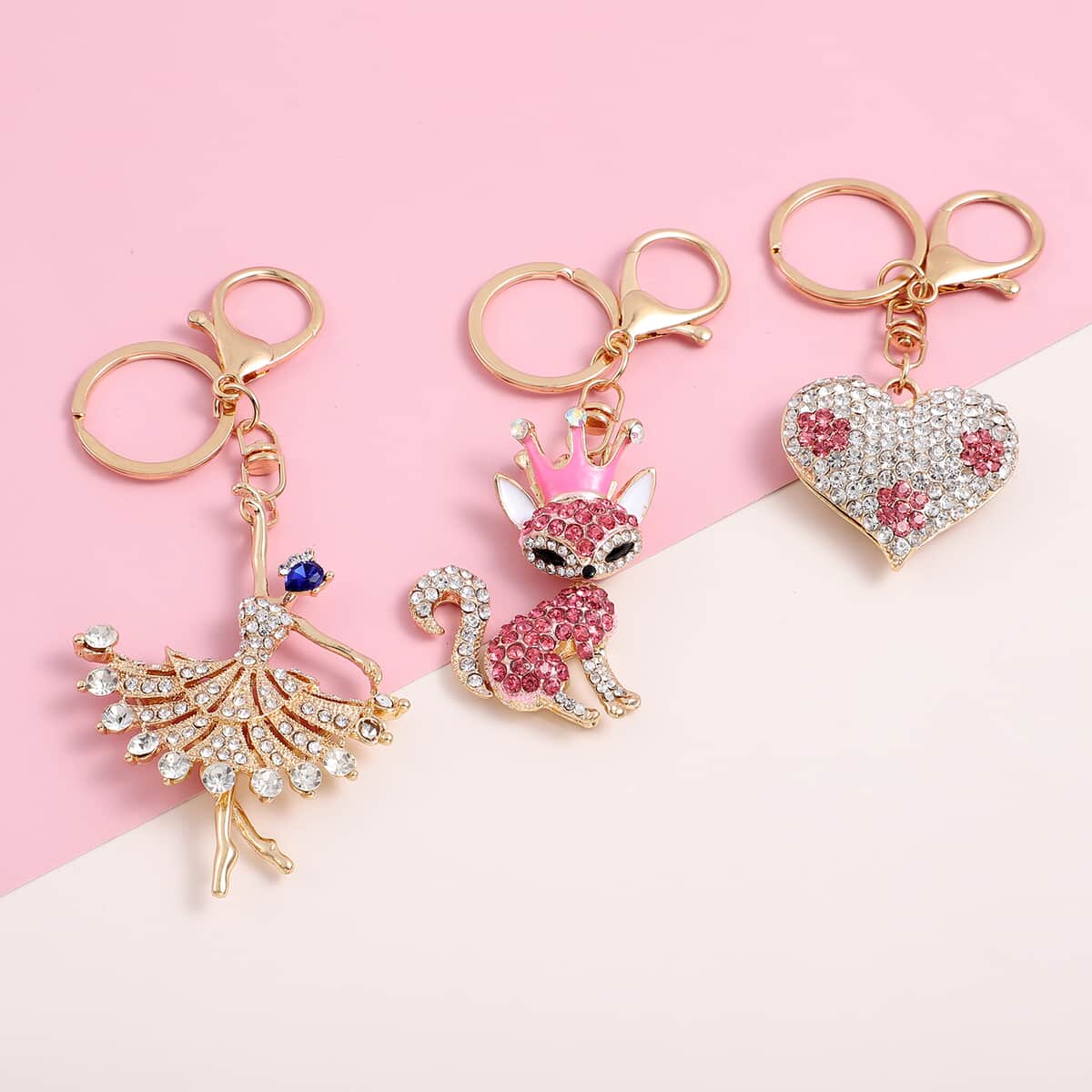 Set of 3 Multi Color Austrian Crystal, Enameled Dancing Diva, Heart and Fox Keychain in Goldtone image number 1