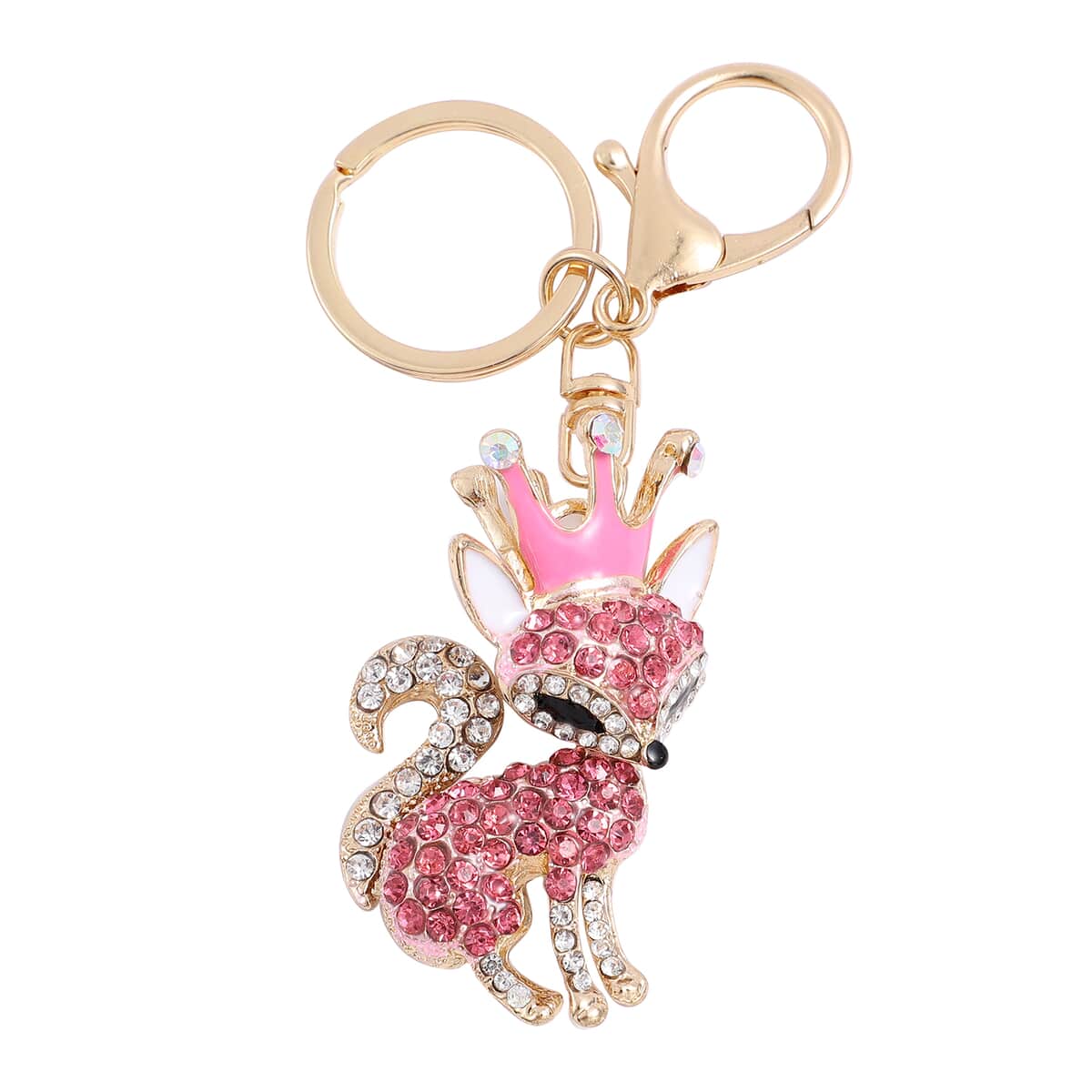 Set of 3 Multi Color Austrian Crystal, Enameled Dancing Diva, Heart and Fox Keychain in Goldtone image number 3