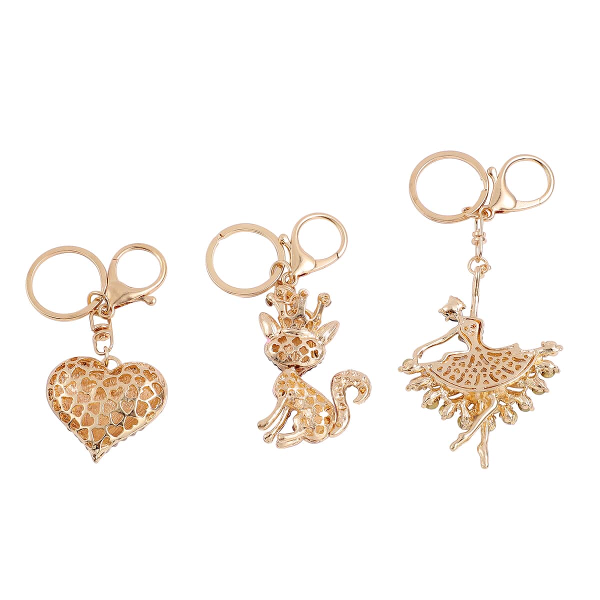 Set of 3 Multi Color Austrian Crystal, Enameled Dancing Diva, Heart and Fox Keychain in Goldtone image number 5