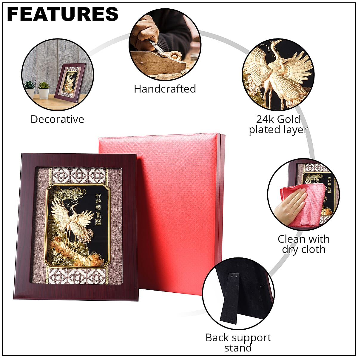 24K Gold Plated Layer Crowned Crane Horse Exhibit Wall Decor Frame image number 2