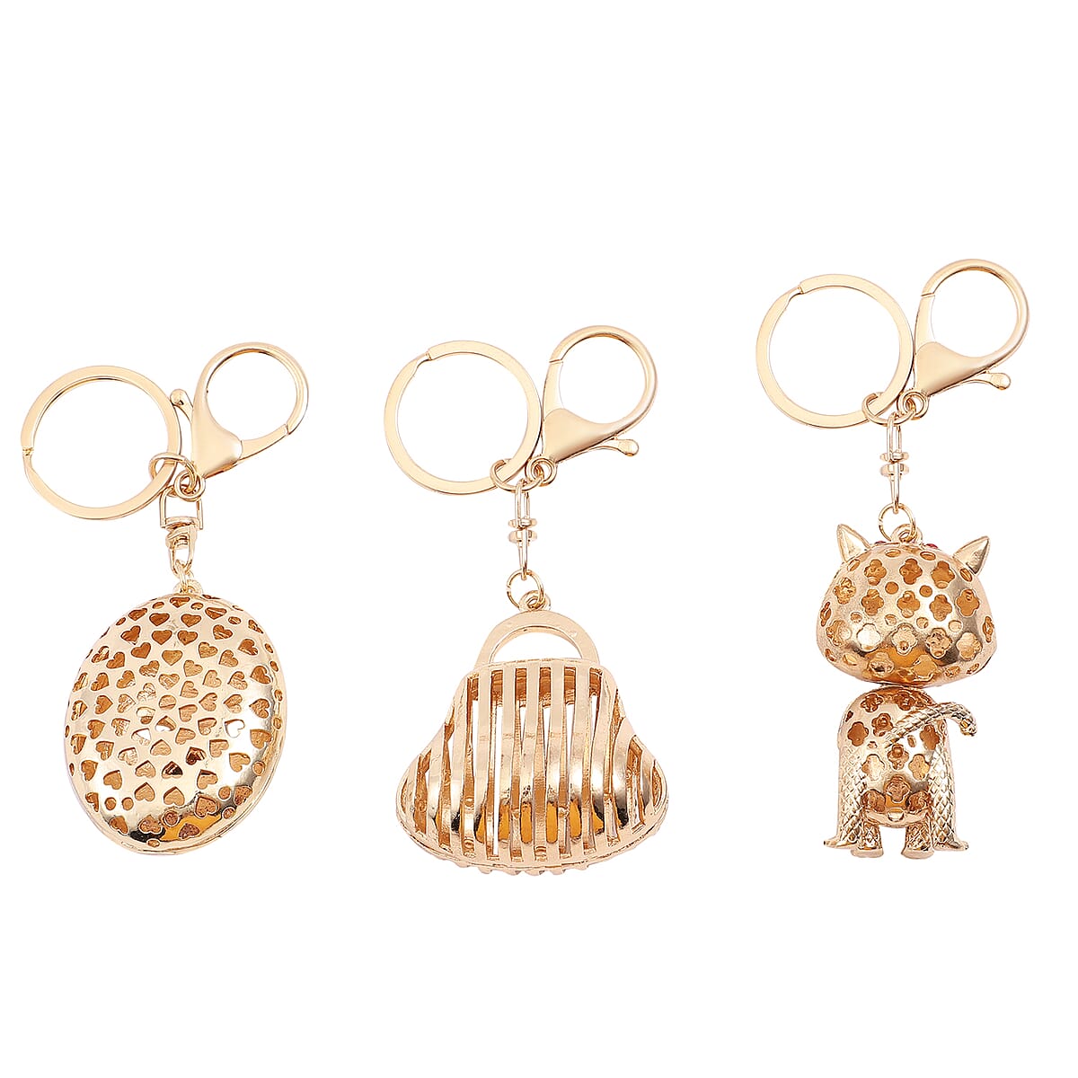 Set of 3pcs Multi Color Austrian Crystal, Enameled Mask, Handbag and Cat Keychain in Goldtone image number 4