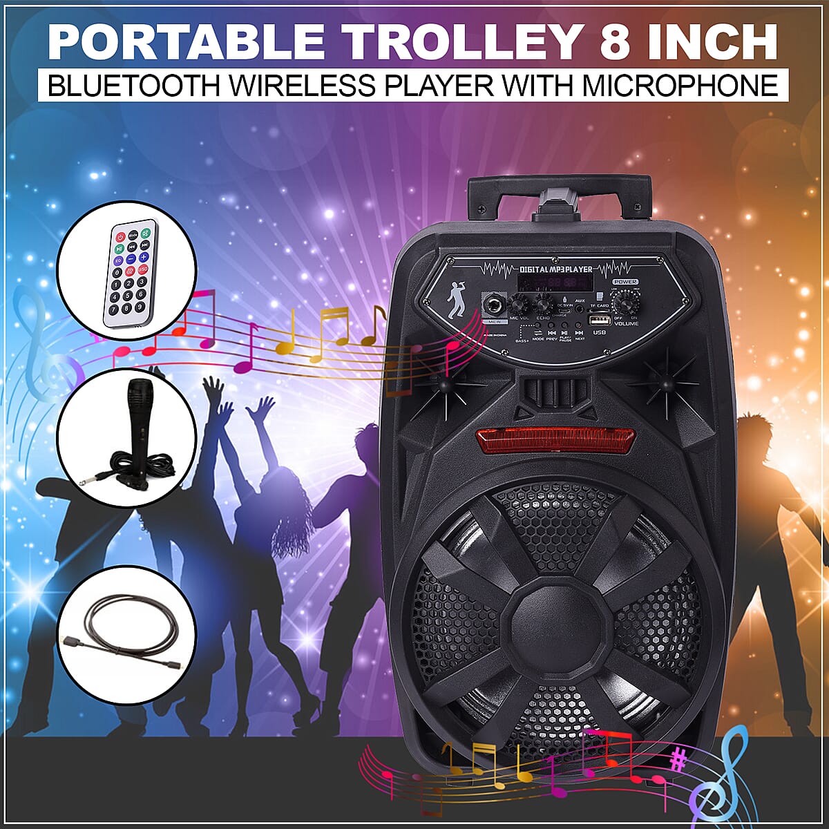 Portable Trolley 8 Bluetooth Wireless Player with Microphone- Black (3.7/2000mAh, Function: USB/TF/FM/Remote/Bluetooth/Aux) image number 1