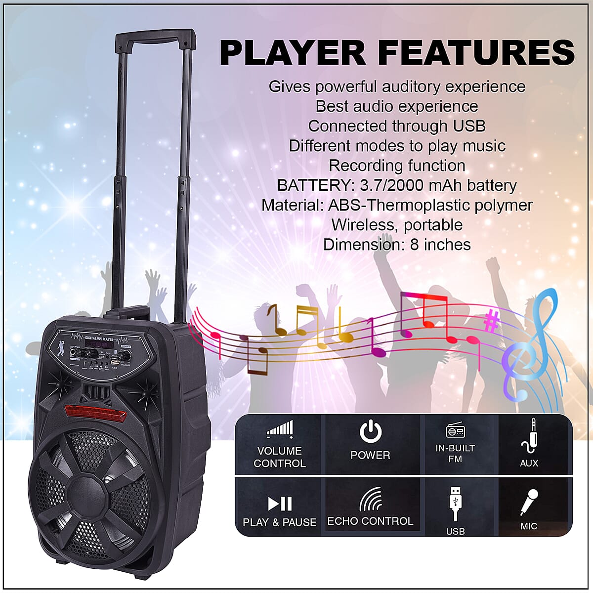Portable Trolley 8 Bluetooth Wireless Player with Microphone- Black (3.7/2000mAh, Function: USB/TF/FM/Remote/Bluetooth/Aux) image number 2
