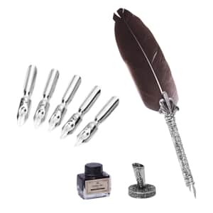 Brown Antique Pen Set (Feather Pen, Pen Holder, 5 Extra Nibs and 15ml Black Ink Bottle)