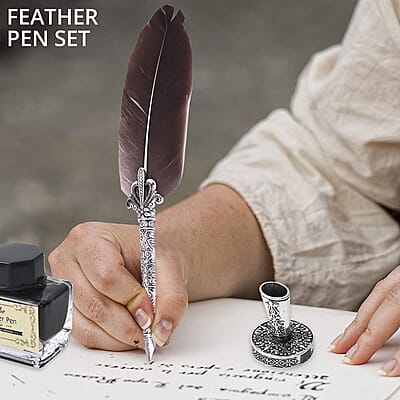 Migration Brown Antique Pen Set: Included Feather Pen, Pen Holder, 5 Extra Nibs and 15ml Black Ink Bottle