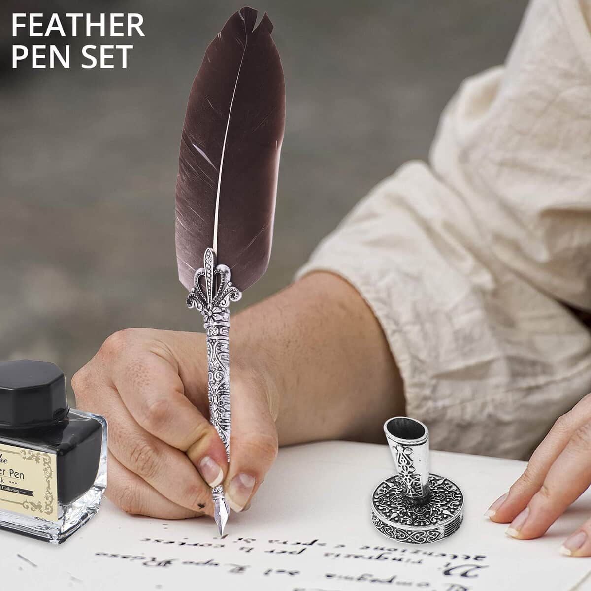 Brown Antique Pen Set (Feather Pen, Pen Holder, 5 Extra Nibs and 15ml Black Ink Bottle) image number 1