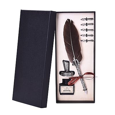 Migration Brown Antique Pen Set: Included Feather Pen, Pen Holder, 5 Extra Nibs and 15ml Black Ink Bottle