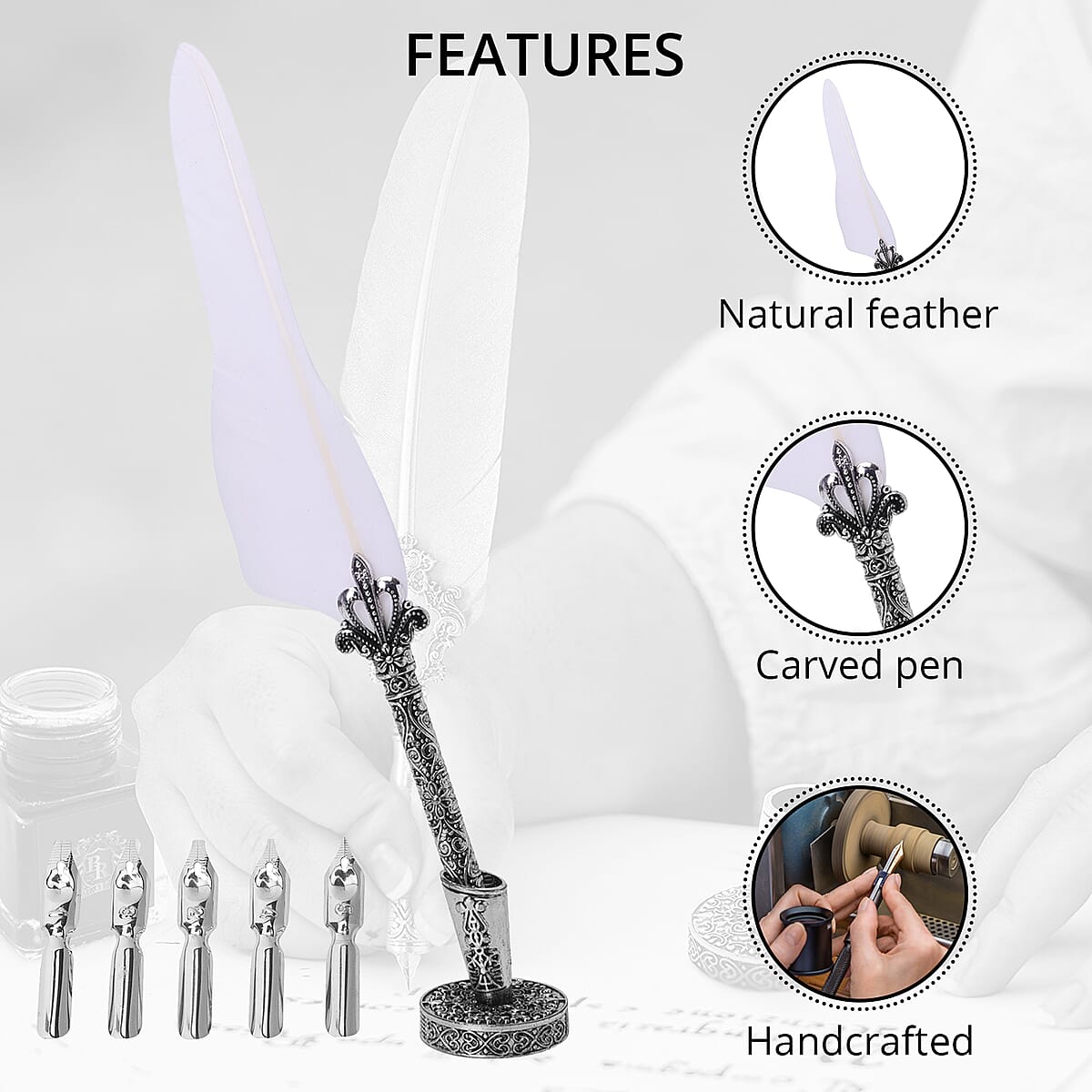 White Antique Pen Set (Feather Pen, Pen Holder, 5 Extra Nibs and 15ml Black Ink Bottle) image number 2