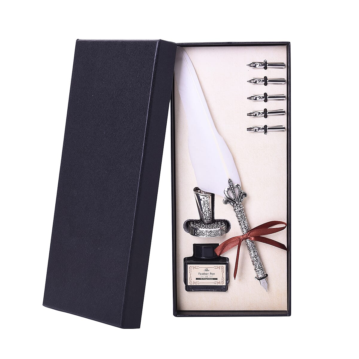 White Antique Pen Set (Feather Pen, Pen Holder, 5 Extra Nibs and 15ml Black Ink Bottle) image number 5