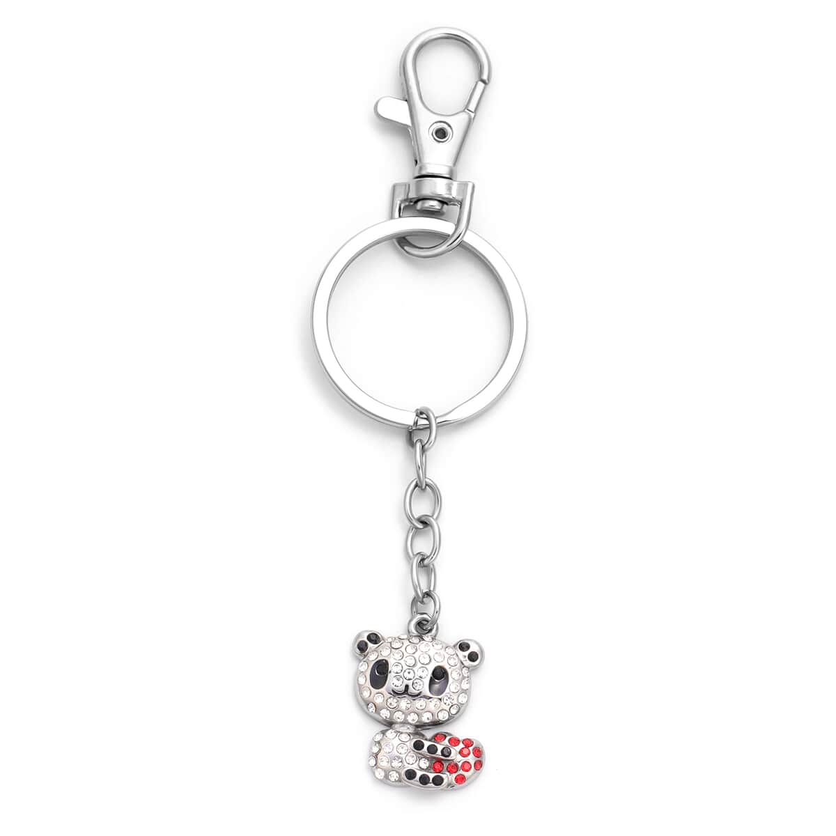 White Austrian Crystal and Enameled Panda Keychain in Stainless Steel image number 0