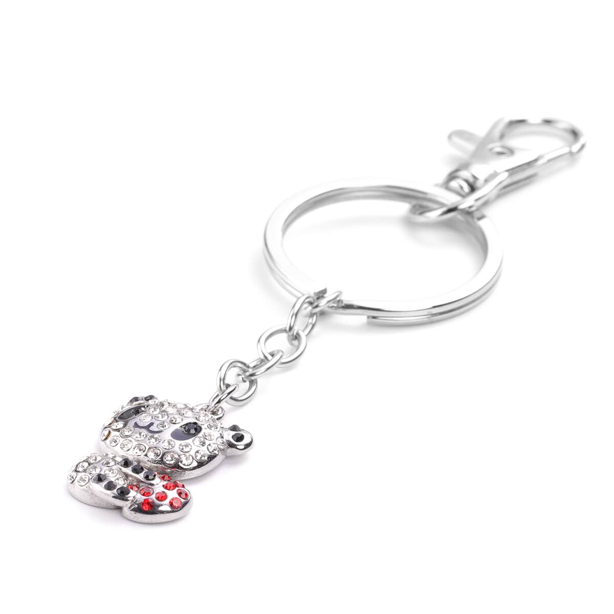 White Austrian Crystal and Enameled Panda Keychain in Stainless Steel image number 1