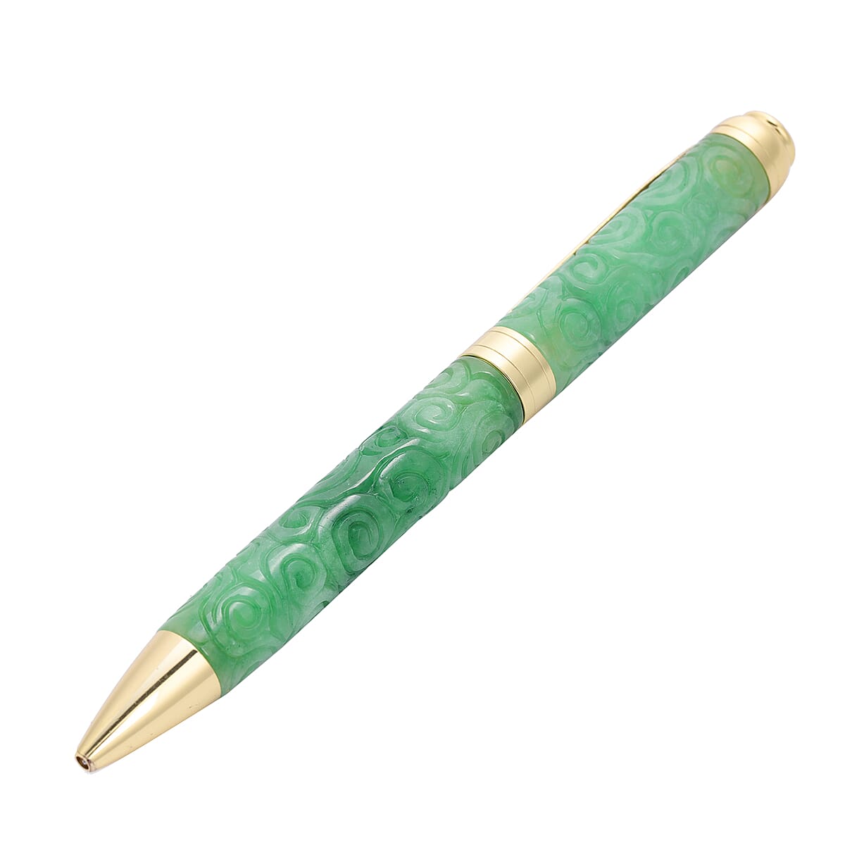 Hand Carved Green Jade Carved Lucky Clouds Ball Point Pen in Goldtone (Approx 208ctw) image number 1