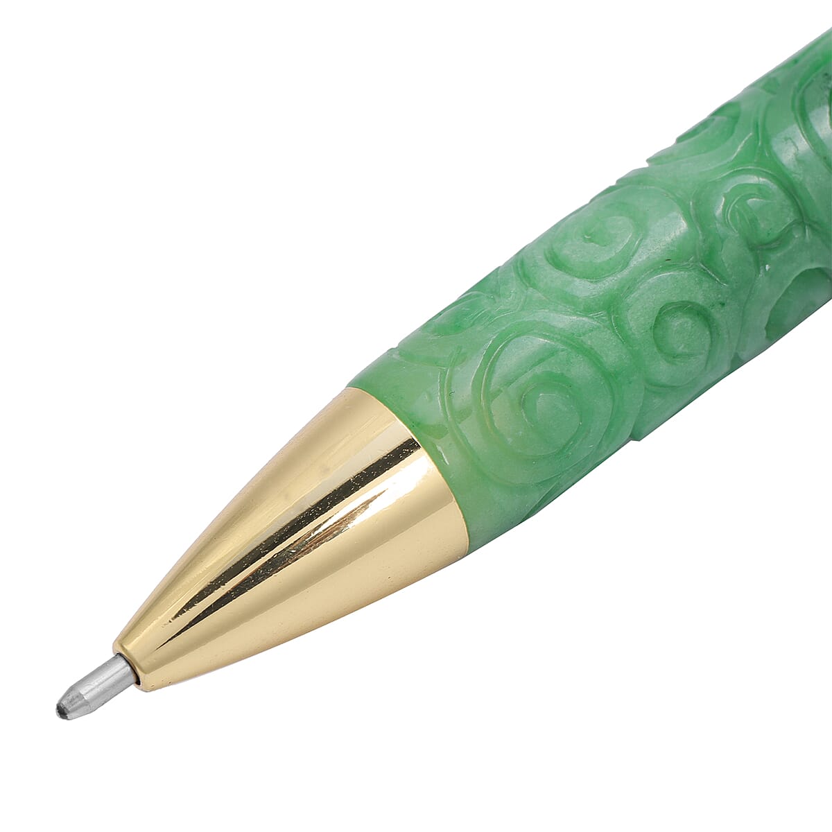 Hand Carved Green Jade Carved Lucky Clouds Ball Point Pen in Goldtone (Approx 208ctw) image number 2