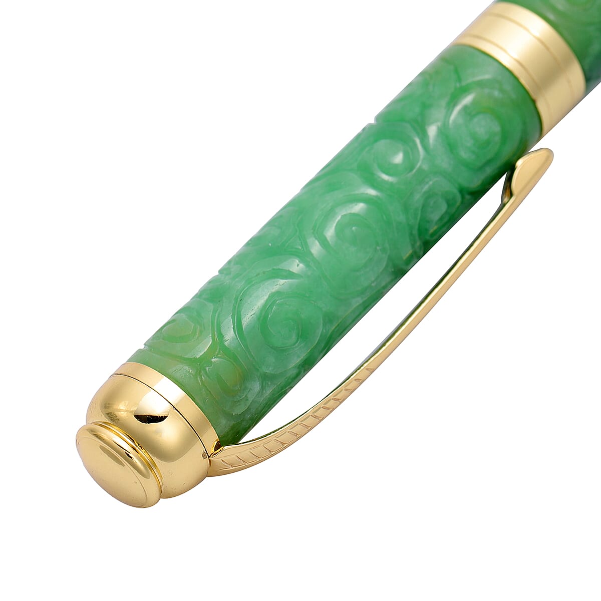 Hand Carved Green Jade Carved Lucky Clouds Ball Point Pen in Goldtone (Approx 208ctw) image number 3