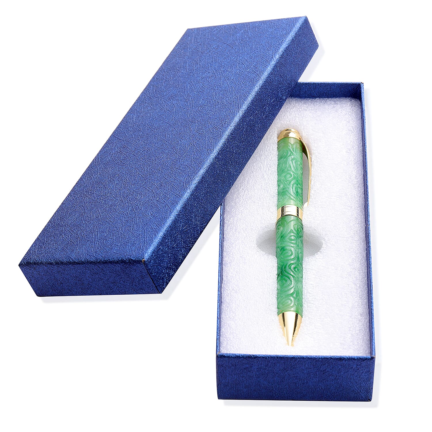 Hand Carved Green Jade Carved Lucky Clouds Ball Point Pen in Goldtone (Approx 208ctw)