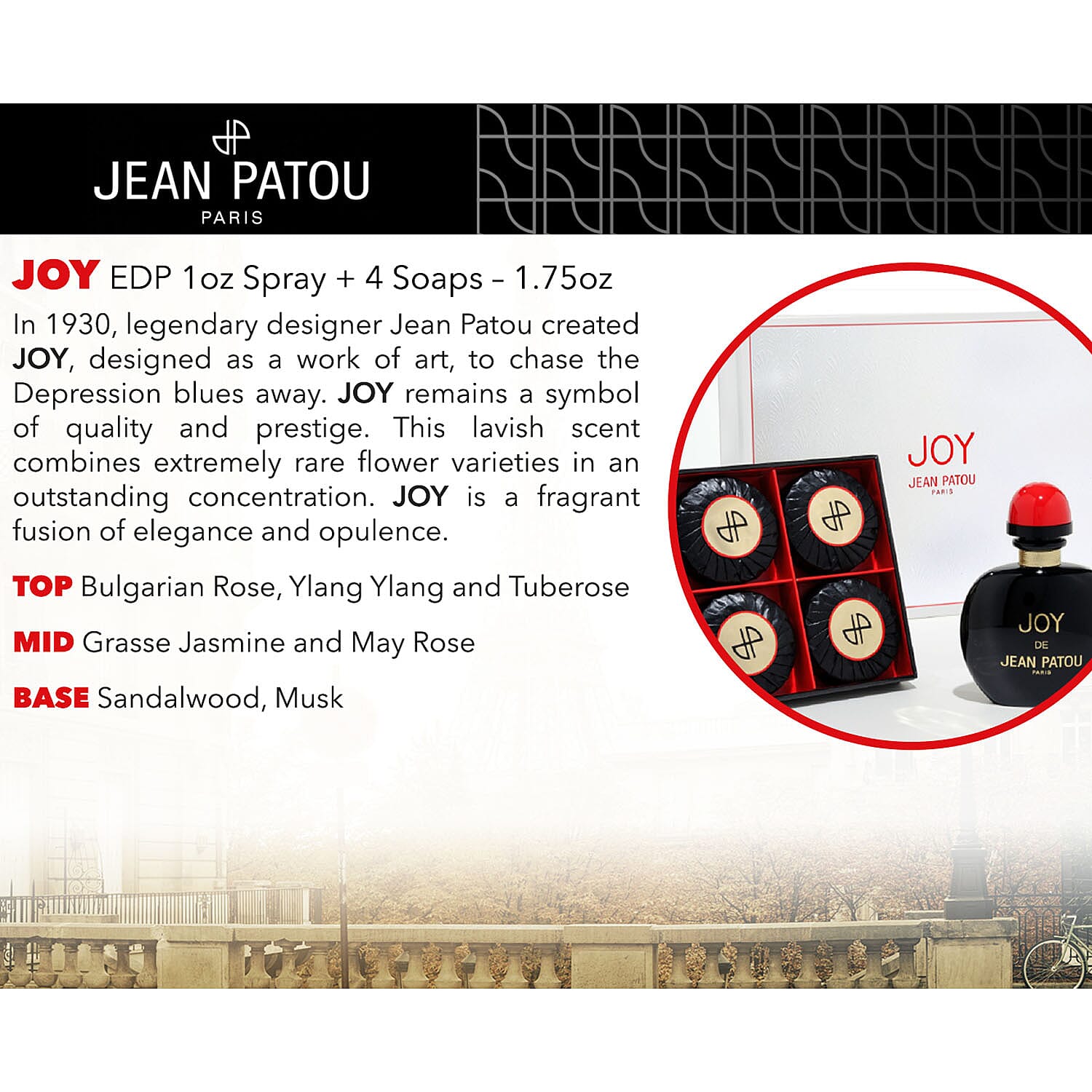 JEAN PATOU Joy Vintage Black Bottle EDP 1.0 oz and 4 x 50g Ladies Soap
