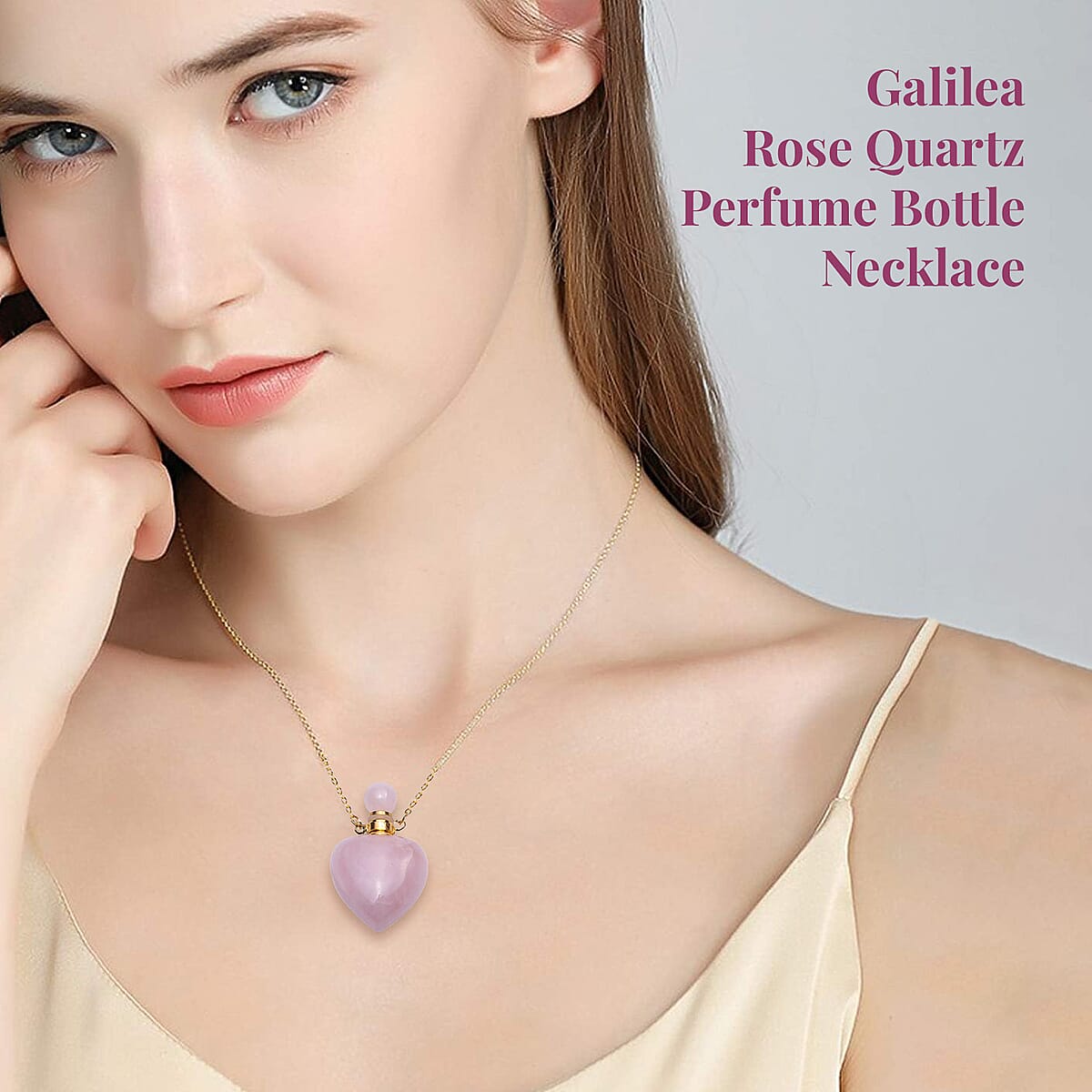 Galilea Rose Quartz Perfume Bottle Necklace 22 Inches in Goldtone 80.00 ctw image number 1