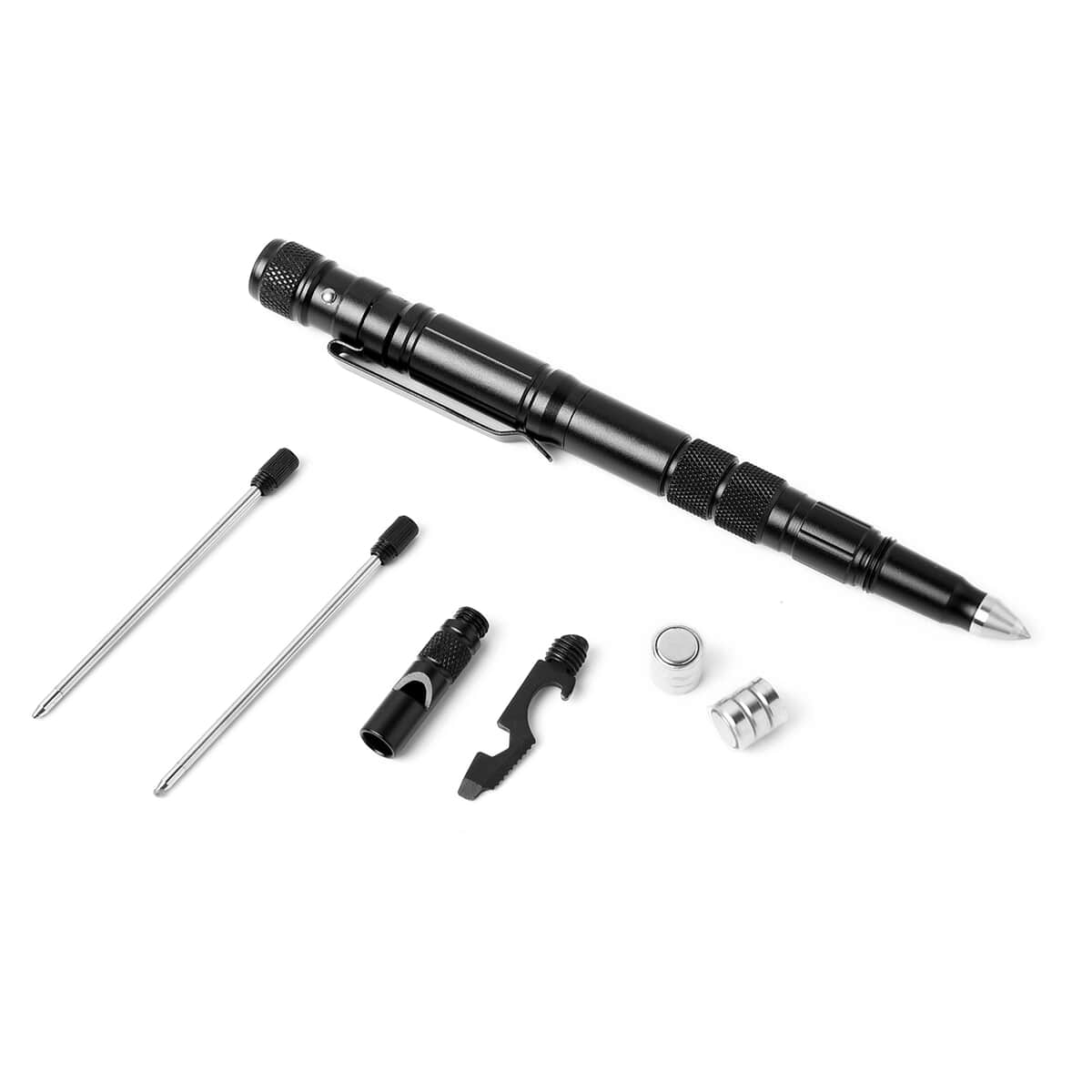 Black 4 in 1 Multifunctional Tools Pen (Whistle, Knife, Ballpoint Pen, LED flashlight, Glass Breaker, Pen Clip, 9 Batteries and 3 Ballpoint Refills) image number 0