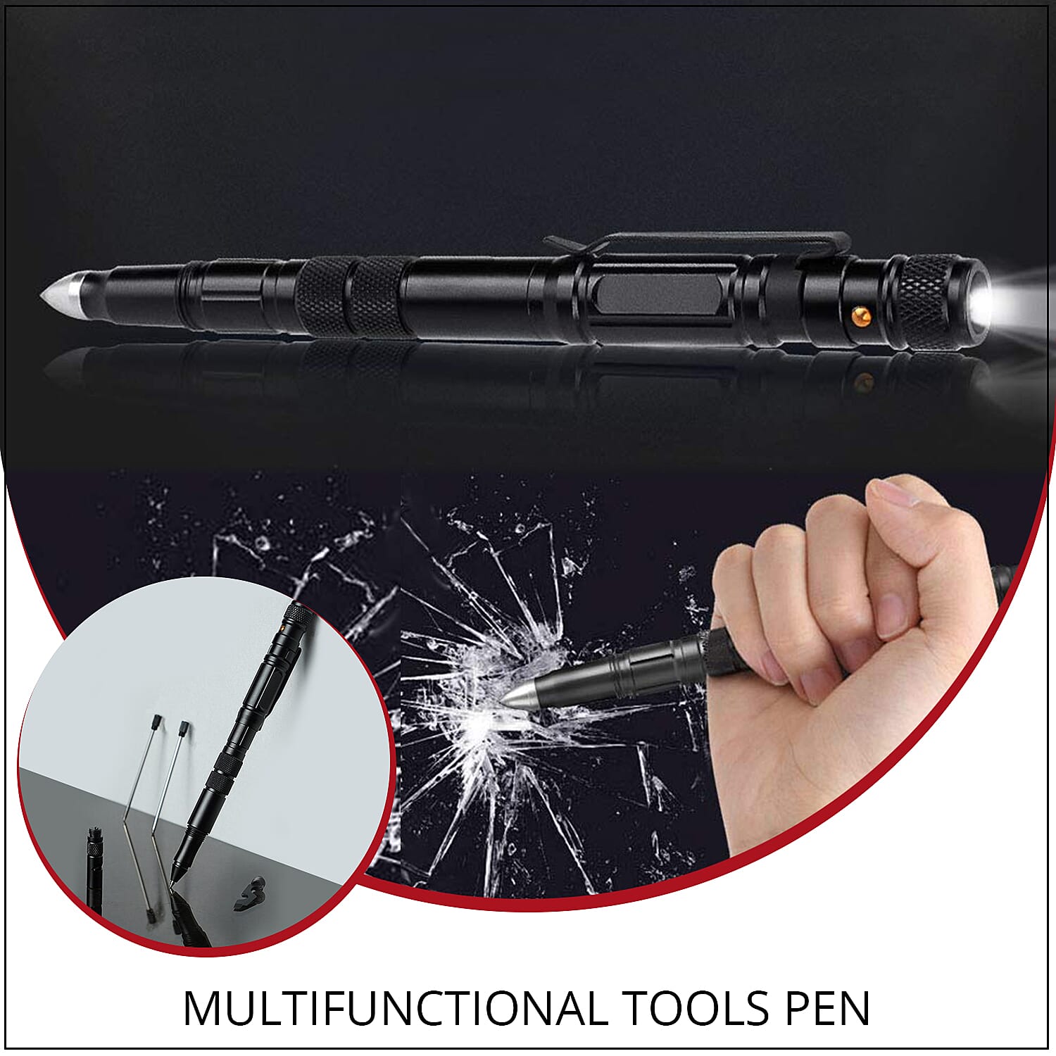 Black 4 in 1 Multifunctional Tools Pen (Whistle, Knife, Ballpoint Pen, LED flashlight, Glass Breaker, Pen Clip, 9 Batteries and 3 Ballpoint Refills)