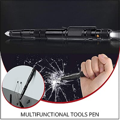 Black 4 in 1 Multifunctional Tools Pen (Whistle, Knife, Ballpoint Pen, LED flashlight, Glass Breaker, Pen Clip, 9 Batteries and 3 Ballpoint Refills)