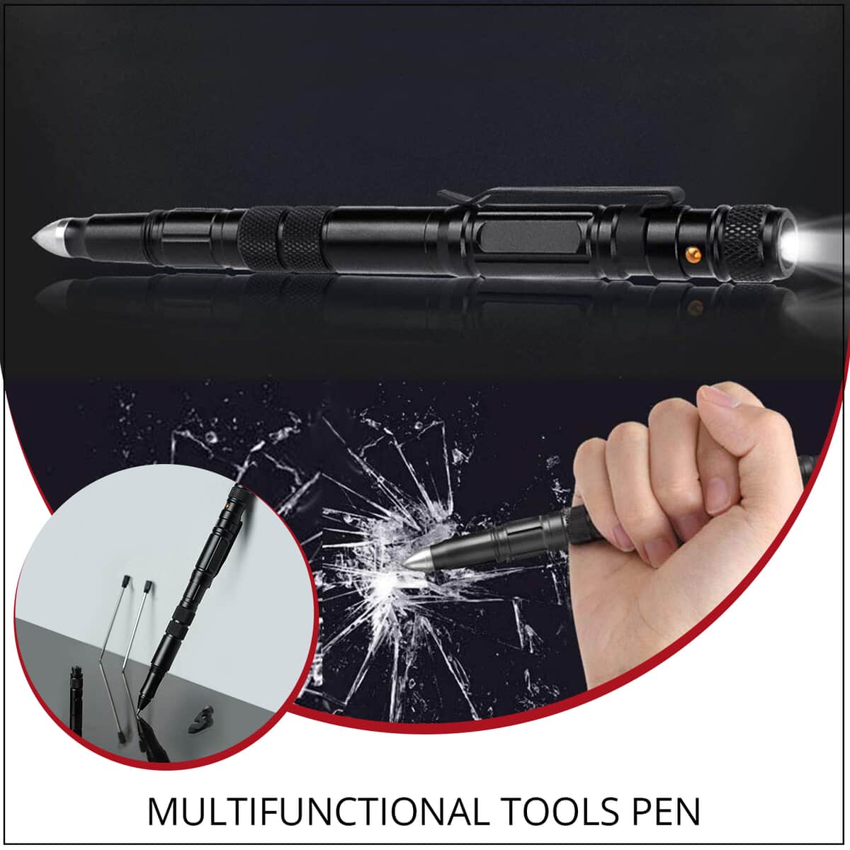 Black 4 in 1 Multifunctional Tools Pen (Whistle, Knife, Ballpoint Pen, LED flashlight, Glass Breaker, Pen Clip, 9 Batteries and 3 Ballpoint Refills) image number 1