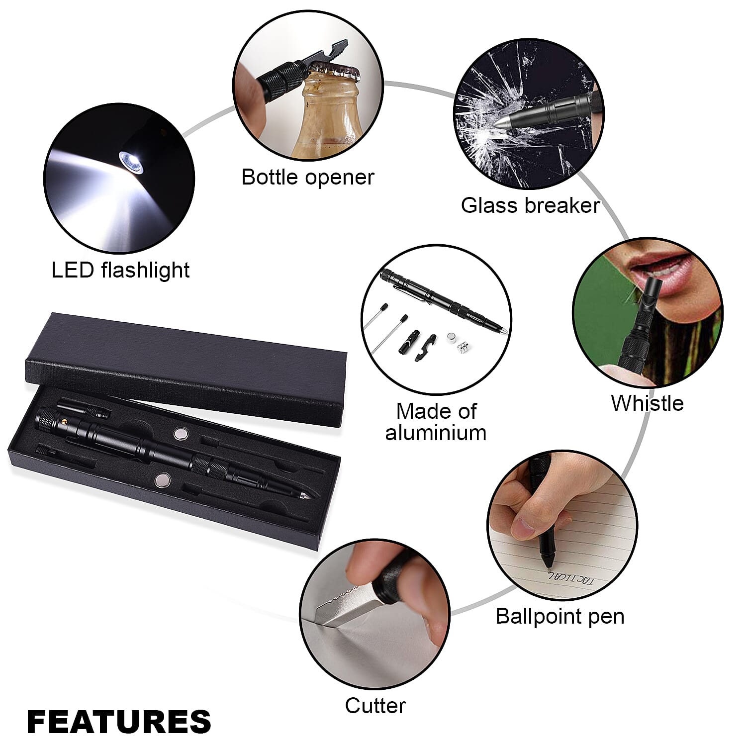 Black 4 in 1 Multifunctional Tools Pen (Whistle, Knife, Ballpoint Pen, LED flashlight, Glass Breaker, Pen Clip, 9 Batteries and 3 Ballpoint Refills)
