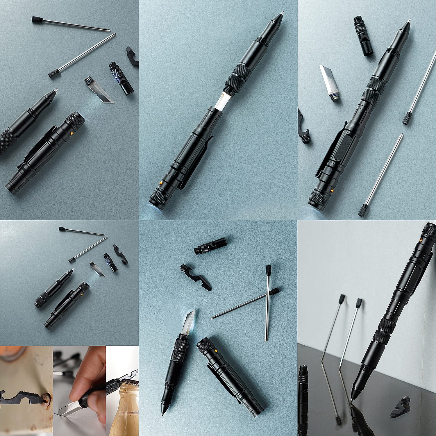Black 4 in 1 Multifunctional Tools Pen (Whistle, Knife, Ballpoint Pen, LED flashlight, Glass Breaker, Pen Clip, 9 Batteries and 3 Ballpoint Refills)
