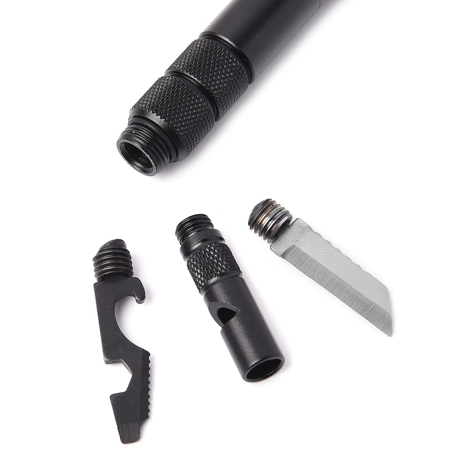 Black 4 in 1 Multifunctional Tools Pen (Whistle, Knife, Ballpoint Pen, LED flashlight, Glass Breaker, Pen Clip, 9 Batteries and 3 Ballpoint Refills)