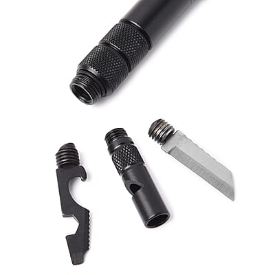 Black 4 in 1 Multifunctional Tools Pen (Whistle, Knife, Ballpoint Pen, LED flashlight, Glass Breaker, Pen Clip, 9 Batteries and 3 Ballpoint Refills)