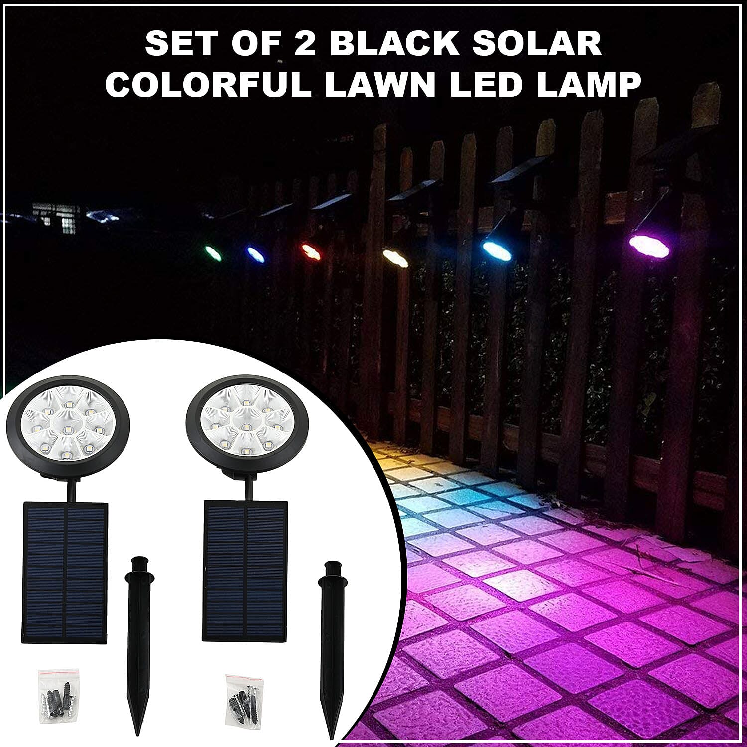 Set of 2 Black Solar Rechargeable, Waterproof, Colorful Lawn LED Lamp Light with Solar panels for Garden, Driveways, Walkways