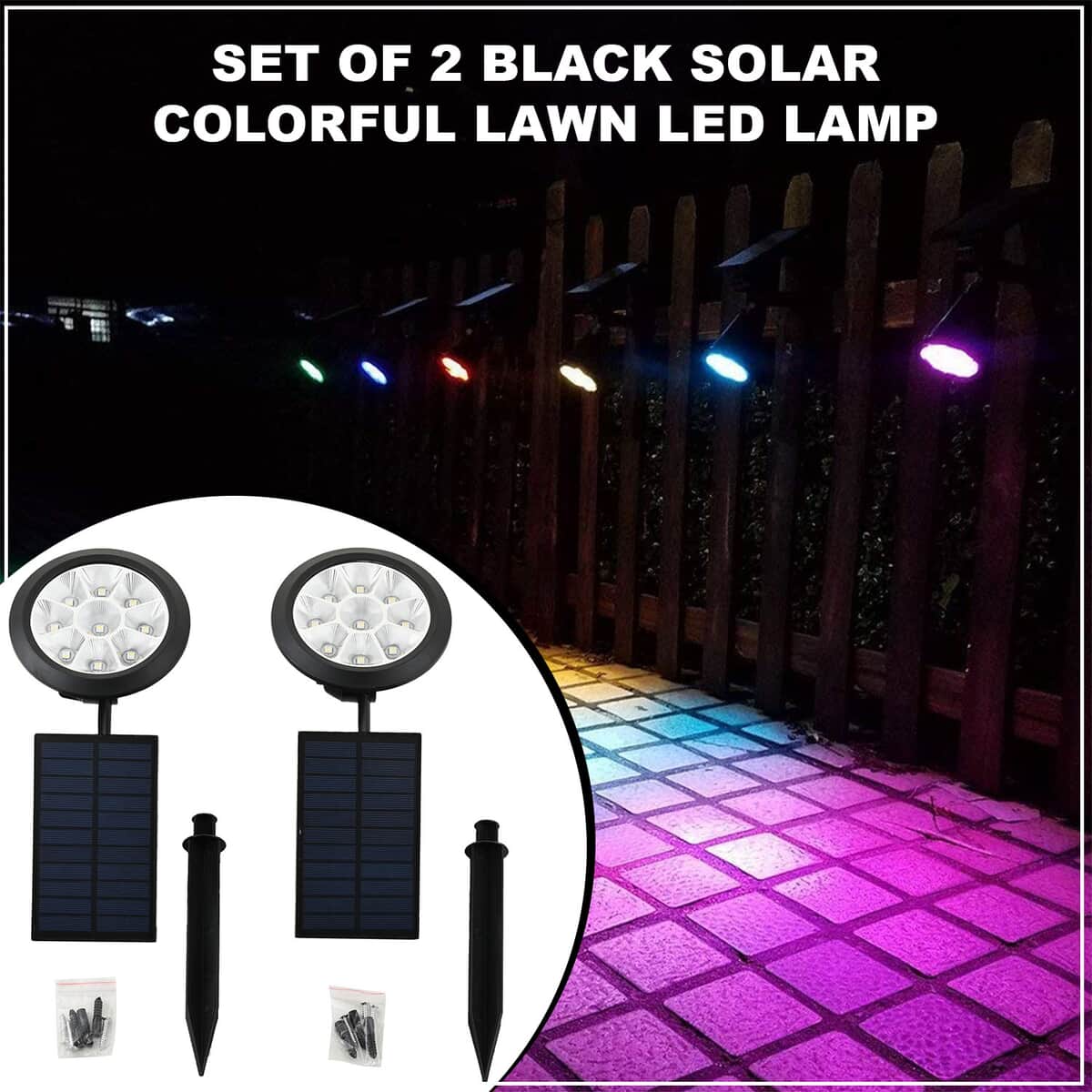 Set of 2 Black Solar Rechargeable, Waterproof, Colorful Lawn LED Lamp Light with Solar panels for Garden, Driveways, Walkways image number 1