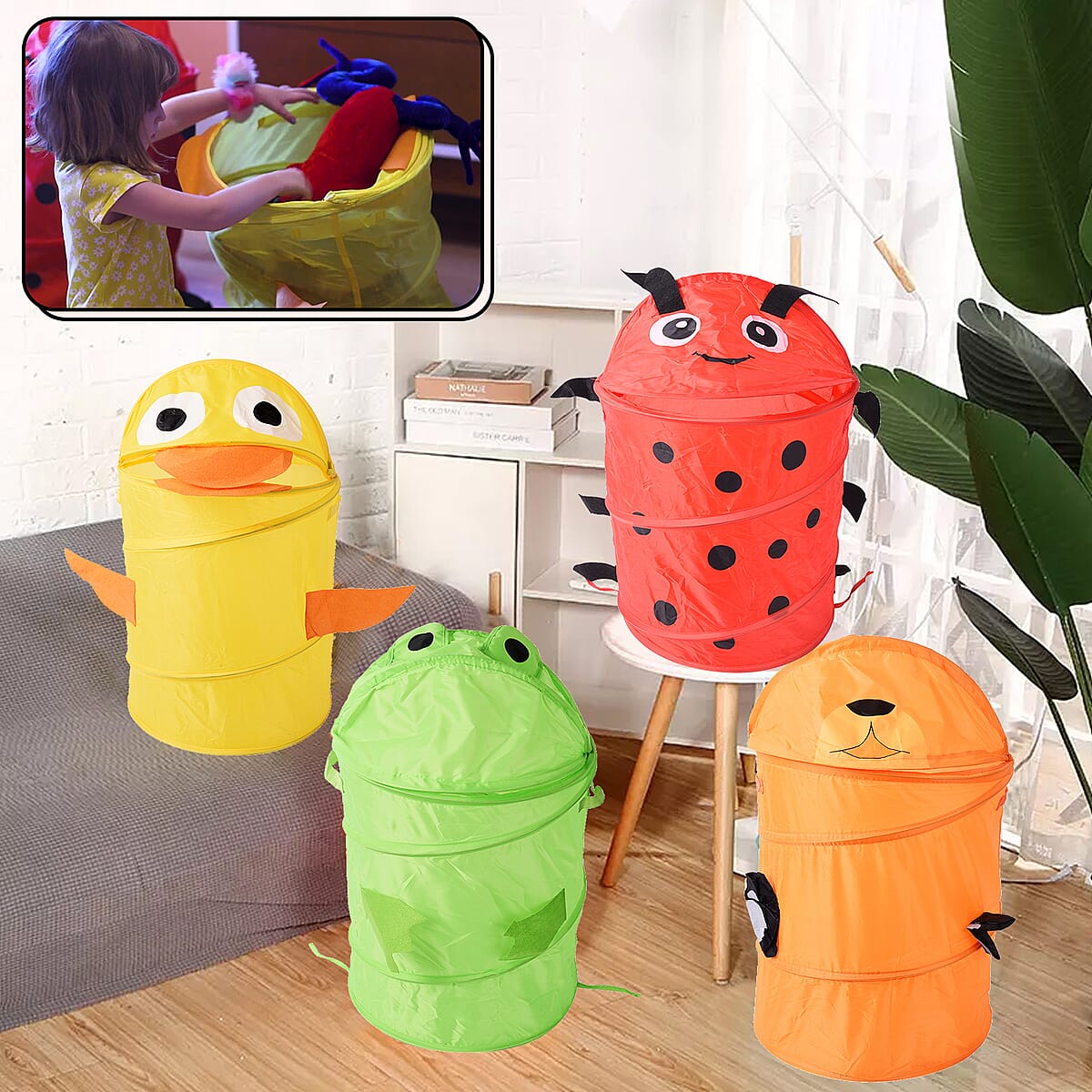 Set of 2 Orange & Green Polyester Cute Cartoon Animal Folding Basket image number 1