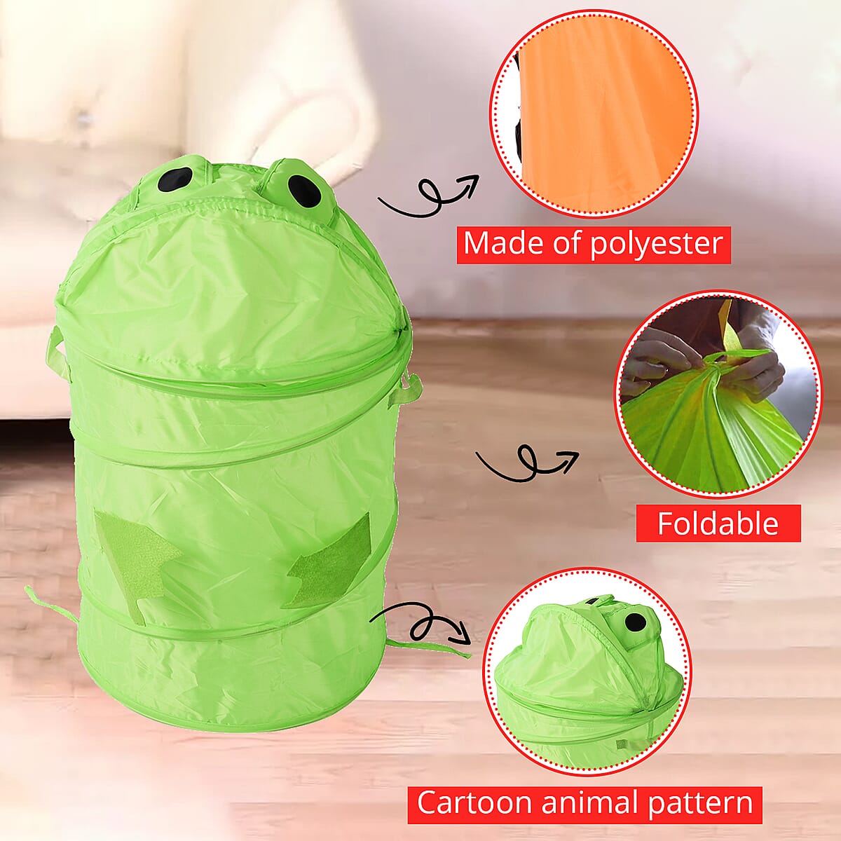 Set of 2 Orange & Green Polyester Cute Cartoon Animal Folding Basket image number 2