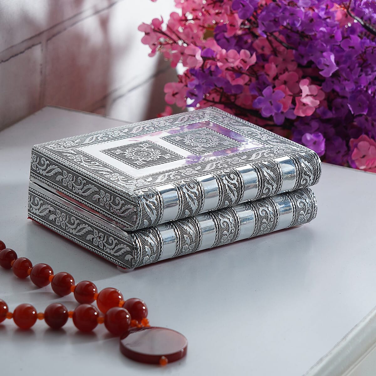 Aluminum Floral Embossed Jewelry Box with Velvet Anti Scratch Interior image number 1