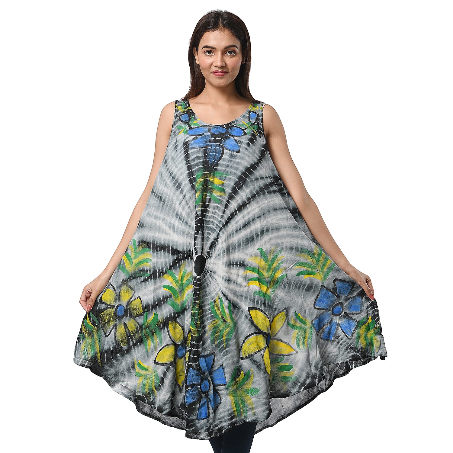 JOVIE Grey Spiral Tie Dye with Multi Floral Umbrella Dress - One Size Fits Most
