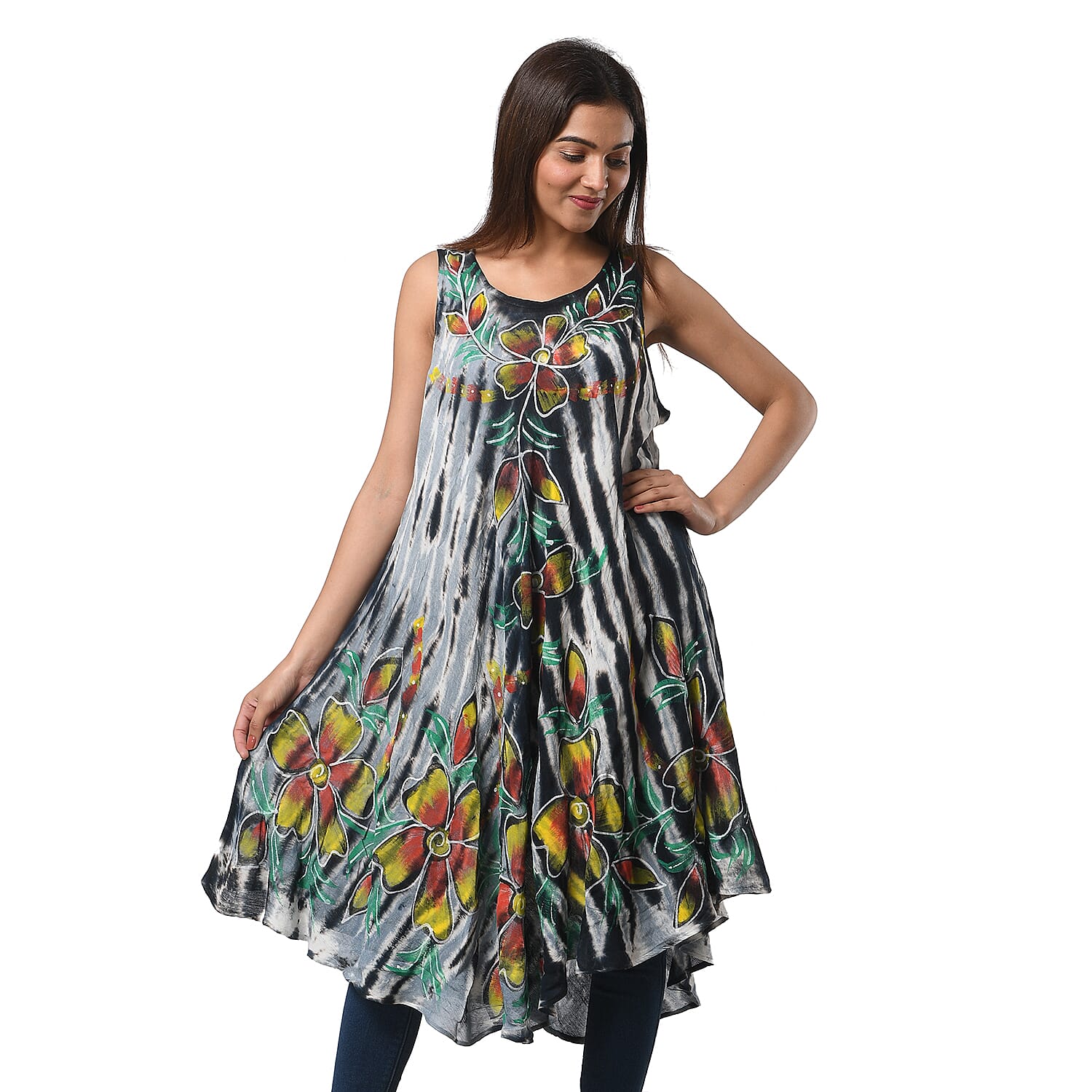 JOVIE Black Stripe Tie Dye with Floral Umbrella Dress - One Size Fits Most