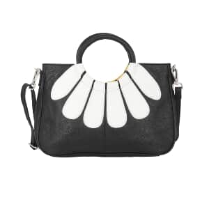 Black and White 100% Genuine Leather Floral Patch Satchel Bag with Detachable Shoulder Strap
