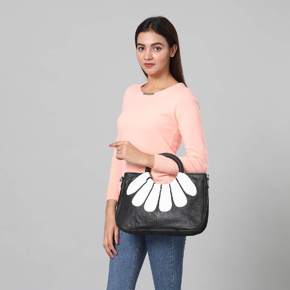 Black and White 100% Genuine Leather Floral Patch Satchel Bag with Detachable Shoulder Strap image number 2