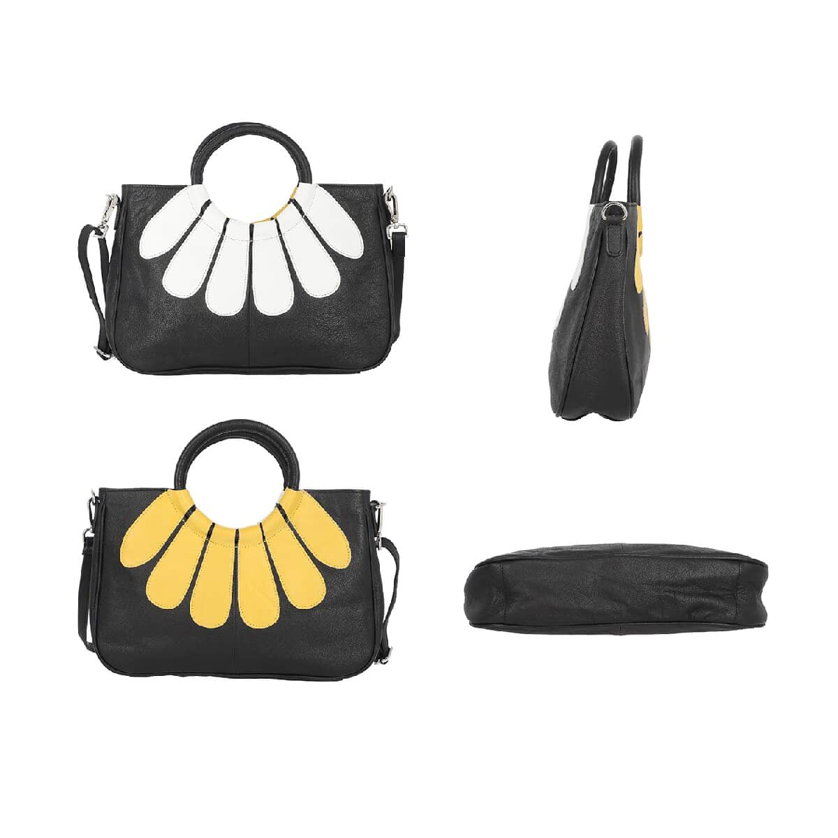 Black and White 100% Genuine Leather Floral Patch Satchel Bag with Detachable Shoulder Strap image number 3