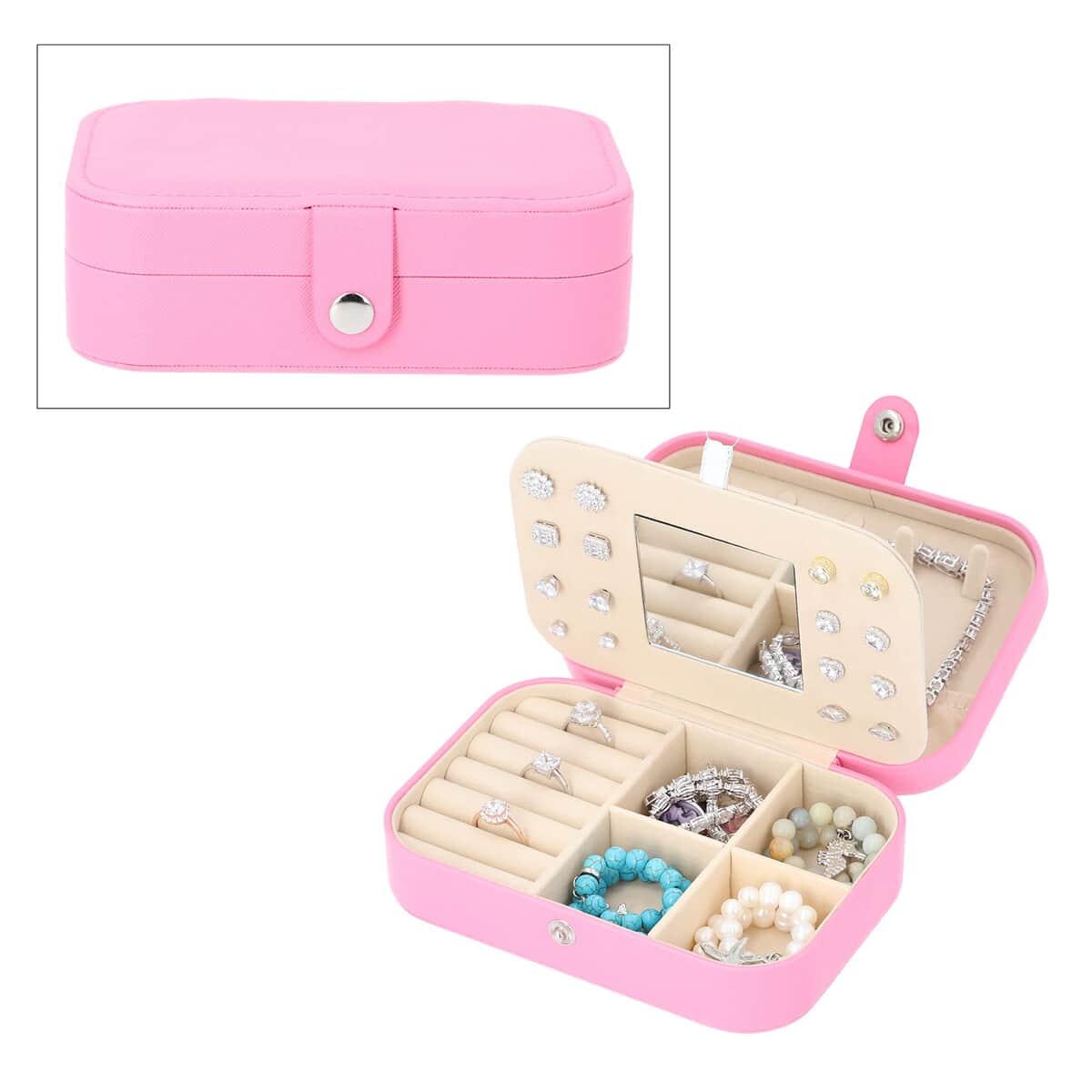 Pink Faux Leather Jewelry Organizer with Button Closure (6.49"x4.53"x2.17") image number 0