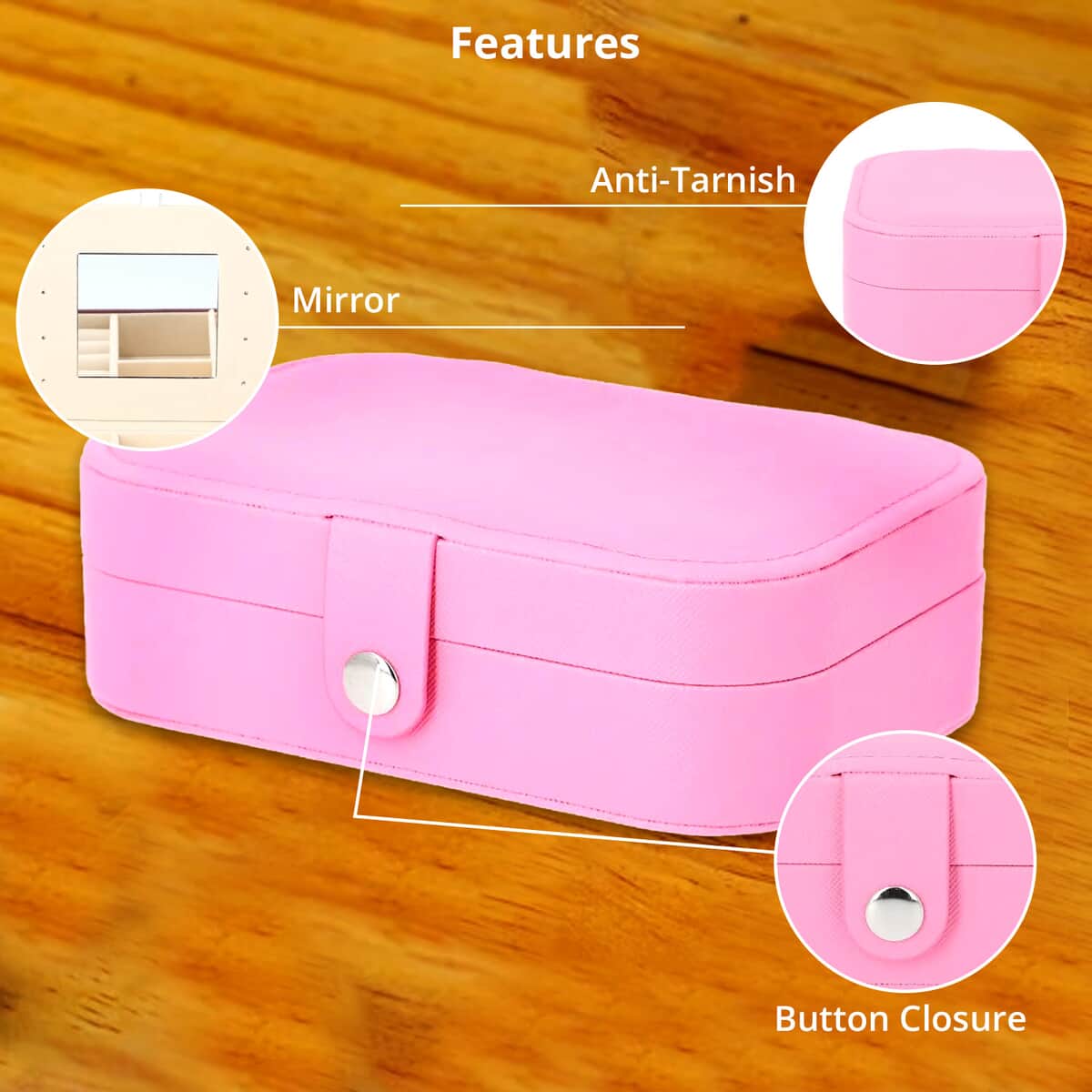 Pink Faux Leather Jewelry Organizer with Button Closure (6.49"x4.53"x2.17") image number 1