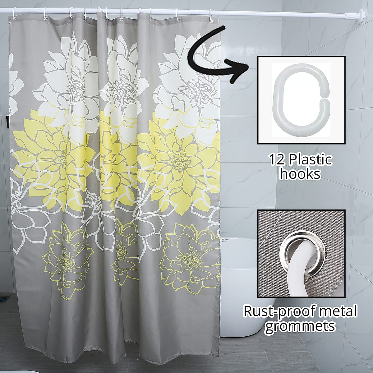 HOMESMART Grey with Yellow & White Floral Pattern 100% Polyester Shower Curtain with 12 Hooks image number 1